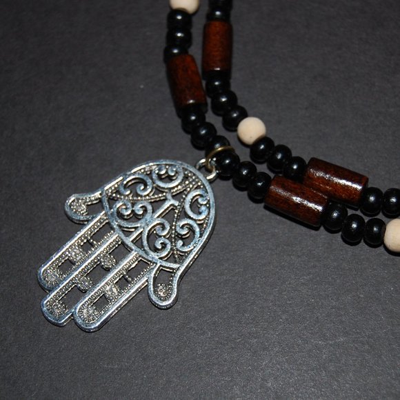 Hamsa Hand Necklace,Wood Necklace,Judaica Symbols,Kabbalah Necklace,Men Necklace - Picture 3 of 5